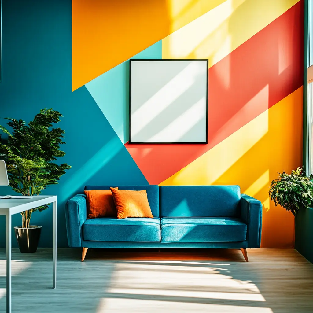 Modern living room with geometric painted walls